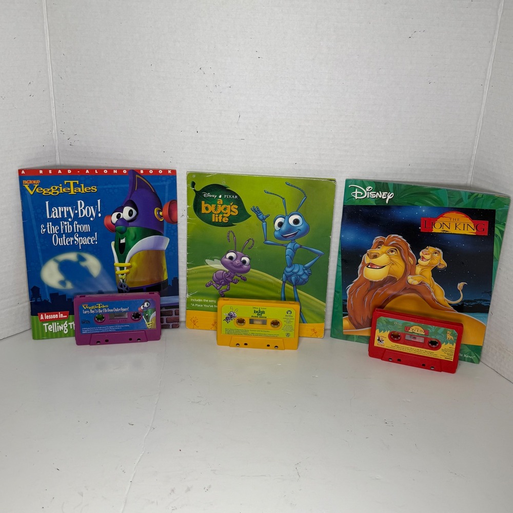 Disney Lion King A Bug's Life VeggieTales Larry-Boy Read-Along Book Cassette Lot